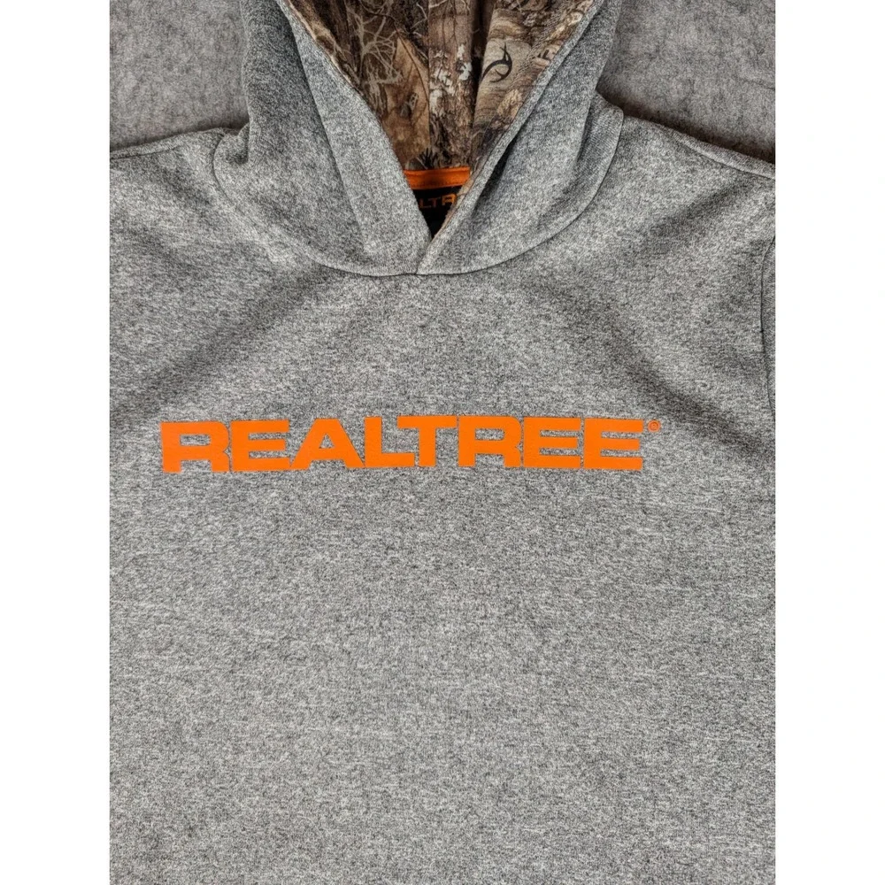 Realtree Boys Gray Heather Hoodie Camo Lined Hood‎ Orange Logo XL 18/20 3434